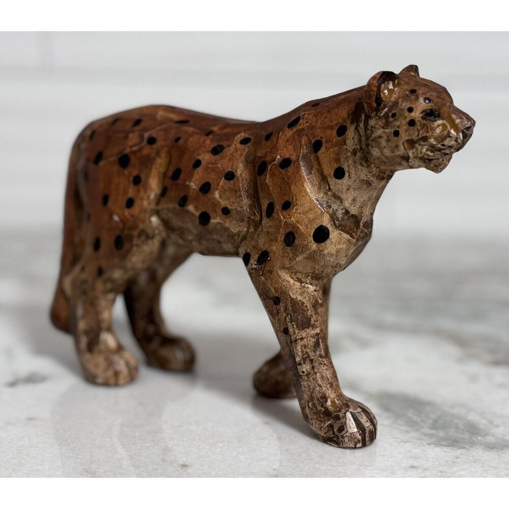 Vintage Folk Art Hand Carved & Painted Wooden Leopard Figurine